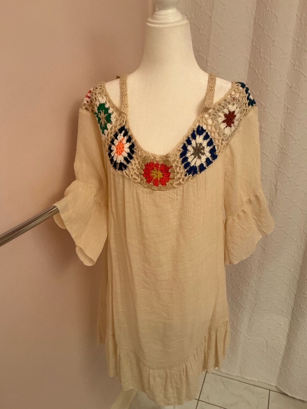 Cream Crochet Yoke Boho Women's Tunic Top